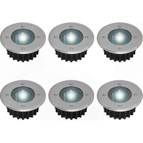 Six spots encastrés au sol à LED alimentés à l'énergie solaire, ronds en acier inoxydable, de 85 mm de diamètre, étanches et résistants aux intempéries, adaptés à une utilisation en extérieur. (1/5)