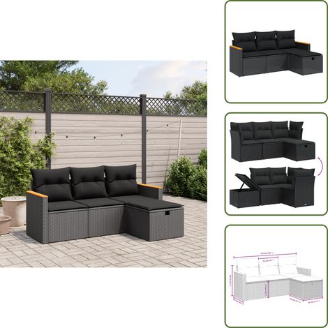 The Living Store Salon de jardin 4 pcs avec coussins noir résine tressée - Ensemble Salon De Jardin - Salon De Jardin Extérieur - Mobilier De Jardin - Canapé Jardin - Chaise Lounge