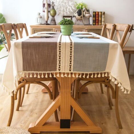 Rectangular Cotton Linen Tablecloth Washable Dustproof with Tassels for Kitchen Decor (Coffee Blue Stripes, Square, 140x140cm, 4 Seater) (1/5)