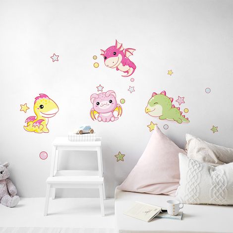 Sticker décoratif, bébés dragons et étoile dessin enfant multicolor sur un fond blanc, 68 cm X 24 cm (1/5)