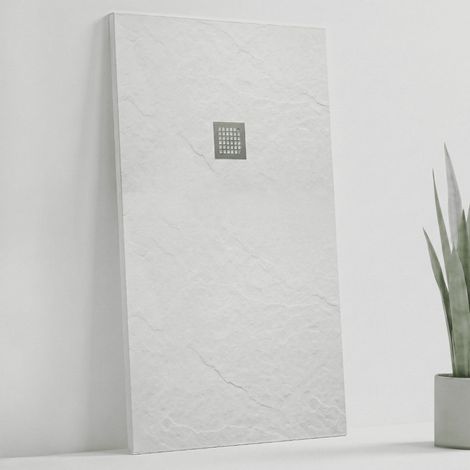 SOULHOME Receveur de Douche en résine et fibre – Solide et Ultraléger – Texture Ardoise – Blanc – 70x70 – Extra-plat + Bonde d’évacuation et Grille (1/5)