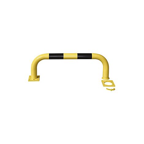 Rammschutz-Bügel, wegnehmbar, Rohr 76/3,0 mm, gebogen, BxH 1000x350 mm, Innenb., gelb beschichtet, schwarze Streifen, zum Aufdübeln mit Spezialplatte (1/2)