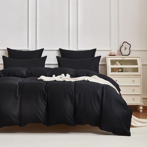 Parure de lit 3 pièces en satin de coton 155 x 220 cm Noir Douce et respirante Housse de couette 155 x 220 cm et 2 taies d'oreiller 80 x 80 cm avec fermeture éclair (1/5)