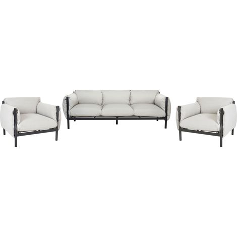 Sofá 3 plazas con 2 sillones de metal gris claro negro cojines de tela Esperia