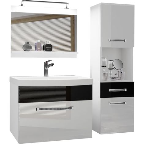 BELINI Meuble de Salle de Bain Lavabo Inclus, Meuble sous-Vasque, Miroir et Cabinet Haut Largeur: 100 cm Kit d'éclairage Inclus Couleur : Blanc très Brillant/Noir très Brillant (1/5)