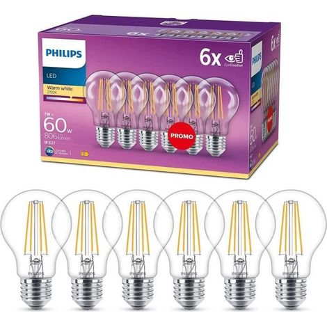 Philips. pack of 6 E27 LED transparent bulbs 60W. warm white (1/5)