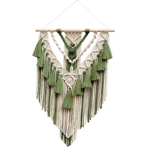 Boho-Wandbehang aus Makramee, handgefertigt mit Quasten, aus weißem und grünem Polyester. (1/4)