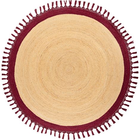 Alfombra boho rústica redonda 200 cm de yute natural trenzado a mano beige y rojo Marts