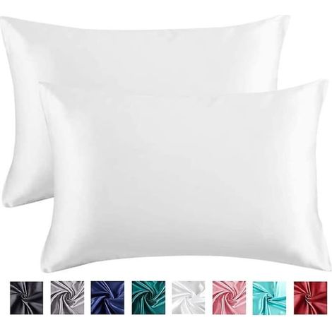 Taie d'oreiller en satin pour cheveux et peau, lot de 2 taies en soie, housses flexibles, format queen avec fermeture enveloppe, king 20x40 pouces, blanc. (1/4)
