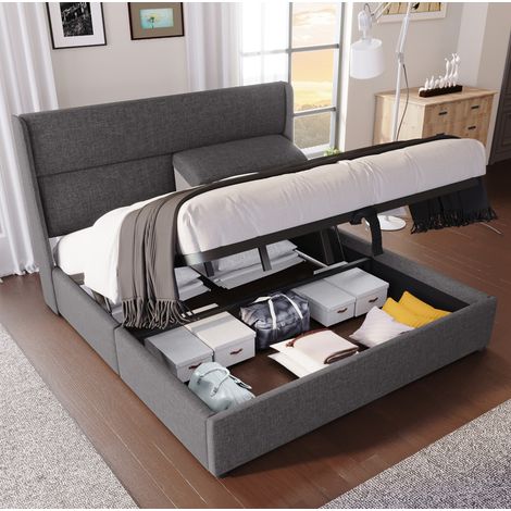 Letto matrimoniale contenitore in lino grigio 180x200 DESVIAE (1/5)