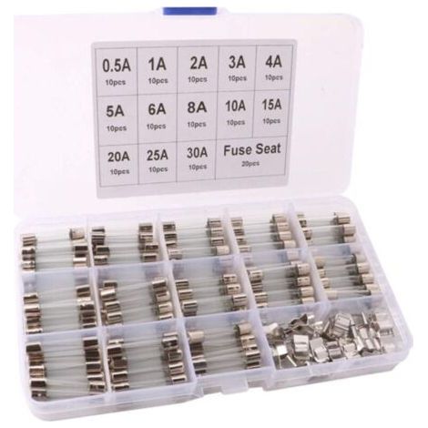 Kit de fusibles de tubo de vidrio de soplado rápido para automóvil profesional de 150 piezas de 6 x 30 mm: fusible de tubo de vidrio de soplado rápido de 130 piezas + asiento de fusible de 20 piezas, (1/4)