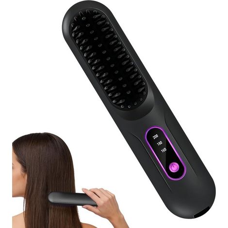 Brosse coiffante sans fil 2 en 1 – Brosse lissante chauffante et lisseur électrique – Brosse soufflante pour cheveux – Pour maison voyage et salon – Noir (1/5)