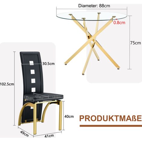 Essgruppe mit rundem Tisch Ø 88 cm aus schwarz-goldenem Hartglas, 4 Stühlen – MEUBLIV (1/5)