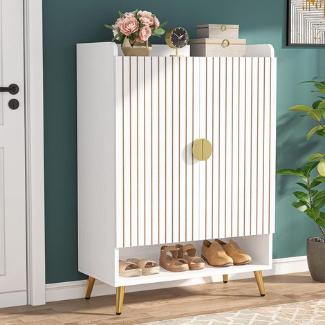 Tribesigns Schuhschrank mit 2 Türen, Schuhkipper schmal, 7-stöckig Schuhregal für 25 Paar Schuhe Regal für Eingang, Wohnzimmer, weiß, 75x 37x 110cm
