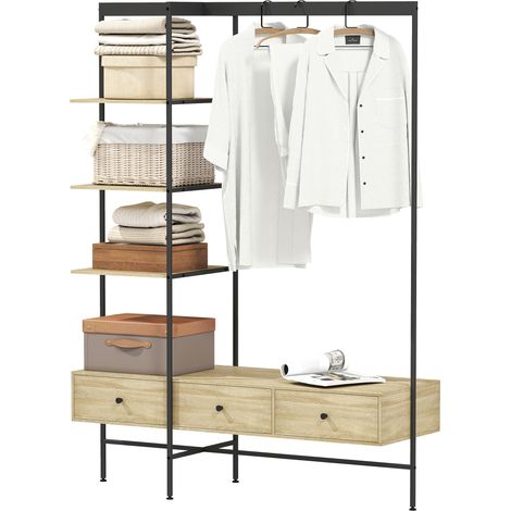 Porte-vêtements autonome avec étagères, tiroirs et barre, 180 cm, cadre en métal, style moderne, teinte chêne. (1/5)