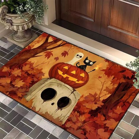 Paillasson Halloween Motif Citrouille Chauve Souris Imperméable Intérieur Extérieur 60x90cm
