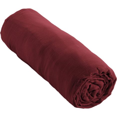 Drap housse Gaze de Coton 90x190 GAIA matelas épais Lie de vin (1/4)