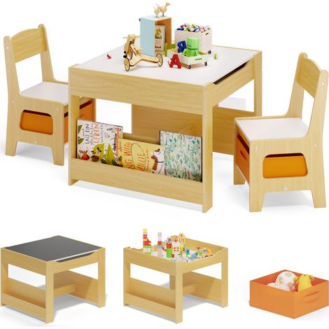 Table Enfant avec 2 Chaises 61.5 x 61.5 cm Bealife Inclus 2 Sacs de Rangement en Tissu pour Apprendre Jouer Dessiner Gris (1/5)