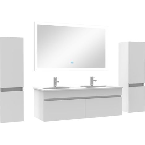 Ensemble meuble double vasque L.120cm avec colonne + miroir Blanc (1/5)
