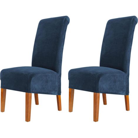 Housse de chaise de salle à manger en velours, housse élastique à dossier haut, lavable, amovible, ensemble de 2 pièces, bleu foncé. (1/5)