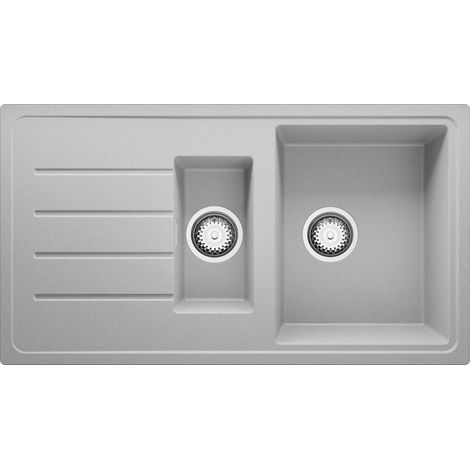 PRIMAGRAN Evier Cuisine en Granit 90x50cm, Lavabo 1,5 bacs + Kit de Vidage, Évier à Encastrer au meuble 60cm - Copenhague Duo, Gris (1/5)