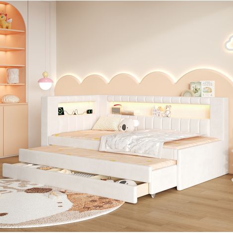Lit gigogne 90x200 cm MDF blanc, LED 7 couleurs et 3 tiroirs, gain de place, sans matelas – MEUBLIV (1/5)