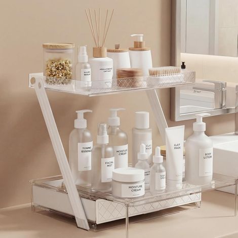 DEANIC Schminktisch Organizer mit Schublade, Z-Form Kosmetik Aufbewahrung 2 Ebenen, Verstellbares Acryl Make-up Organizer für Schminktisch, 30×23×31cm, Transparent (1/5)