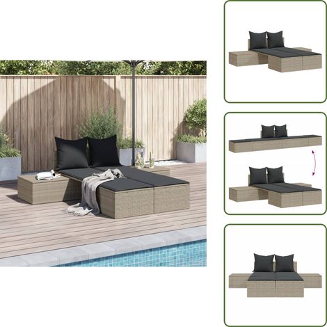 Doppel-Sonnenliege mit Kissen Hellgrau Poly Rattan - Doppel Liege - Gartenliege - Sonnenschirm - Outdoor Möbel - Lounge Set