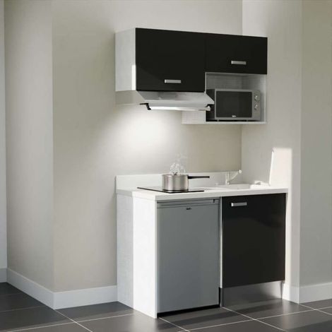 Kitchenette K02L - 120 cm avec plan monobloc, emplacement frigo, hotte et micro-ondes-Noir-Snova-évier à droite