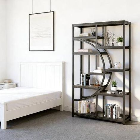 Estantería geométrica negra en metal y madera con 9 niveles y diseño decorativo (1/4)