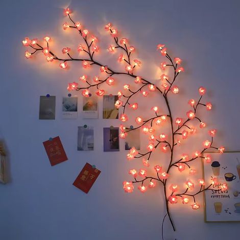 Branches de fleurs de cerisier LED - 180 cm - 96 LED - Décoration murale - Guirlande lumineuse en rotin blanc chaud avec 8 modes et télécommande (1/5)