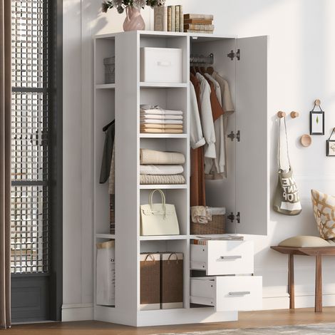Kleiderschrank (70 x 50 x 170 cm), mit zwei Kleiderstangen, offenen Fächern und Schubladen, Holz, Weiß (1/5)