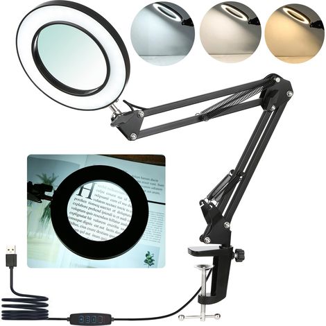 Lampe de table flexible à pince avec loupe 8x, bras pivotant, LED à intensité variable, lampe de bureau, 3 modes de couleur et 10 niveaux de luminosité, lecture, travail, études