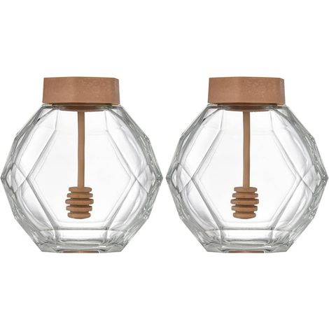 2 pezzi di barattoli di miele in vetro esagonali, contenitori per la conservazione con mestolo trasparente (380 ml) (1/4)