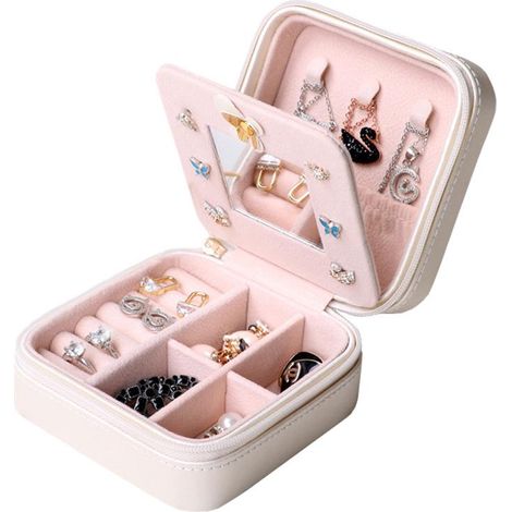 Coffret de rangement voyage rose mini - Boîte à bijoux portable avec miroir pour bagues, boucles d'oreilles, colliers - Étui de présentation et stockage compact, cadeau idéal pour femmes et adolescent (1/5)