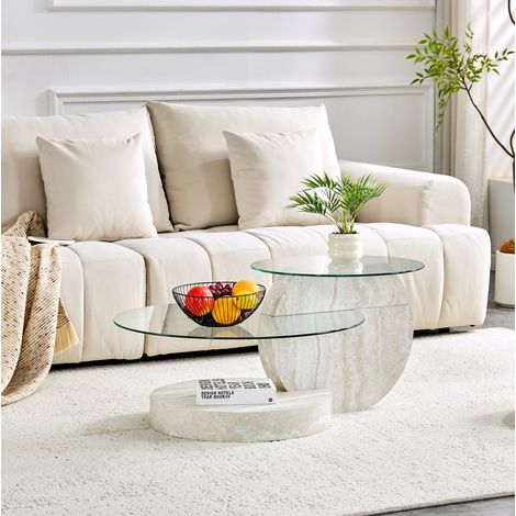 Mesa de centro de dos niveles 90x70x44 cm en MDF y vidrio, gris claro, almacenaje salón (1/5)