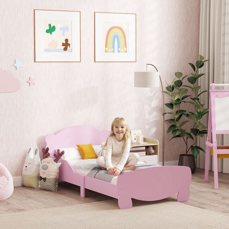 Rose - Lit Montessori pour enfants de 3 à 6 ans, lit simple de rampes anti-chute et lit en bois à lattes en forme d’ours pour la chambre