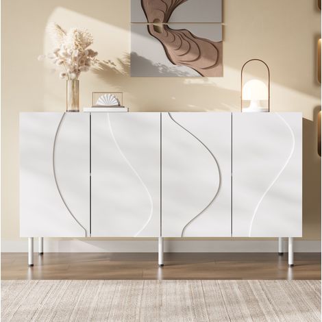 Aparador (140x40x77.5 cm), 4 puertas, apertura push to open, diseño curvo tridimensional, MDF y tablero, blanco (1/5)