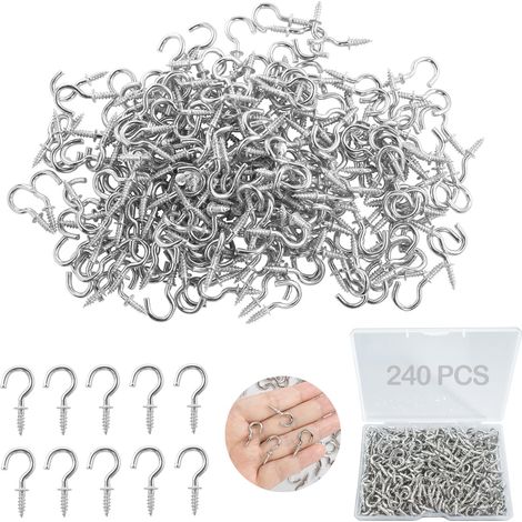 240 PCS Crochet a Visser Petit Piton à Visser Argent 1/2 Pouch Vis Crochet de Plafond Bois Crochets à Visser Métal pour Suspendre des Plantes Pot Mangeoires à Oiseaux Tasse Lumières, avec Boîte (1/5)