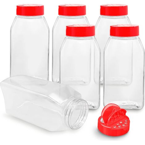 Lot de 6 pots à épices en plastique de 946 ml avec bouchon rouge, récipients en plastique transparent et sûr avec couvercles shaker pour stocker les épices, les herbes et les poudres