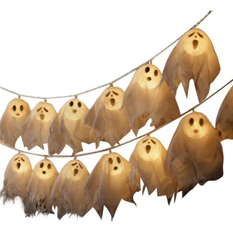 Guirlande lumineuse fantôme LED, faite main, illuminée, en tissu, pour Halloween, idéale pour une fête, une maison hantée, une cheminée, un porche ou toute autre décoration. (1/5)