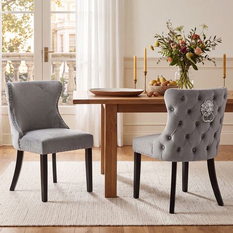 Wahson Lot de 2 chaises de salle à manger en velours gris – Pieds en bois massif – Rembourrage épais – Hauteur d'assise 49cm – Design vintage, Gris (1/5)