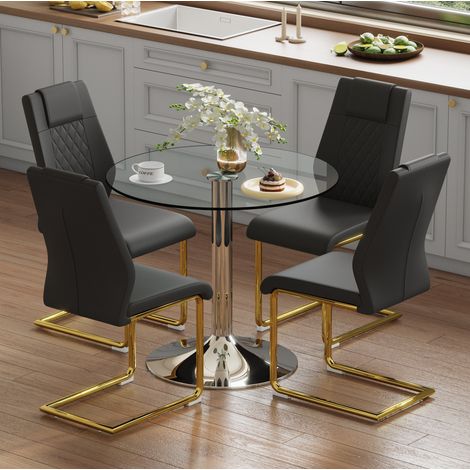 Esstisch-Set aus Glas und Metall in Schwarz/Silber mit 4 PU-Stühlen, modern (1/5)