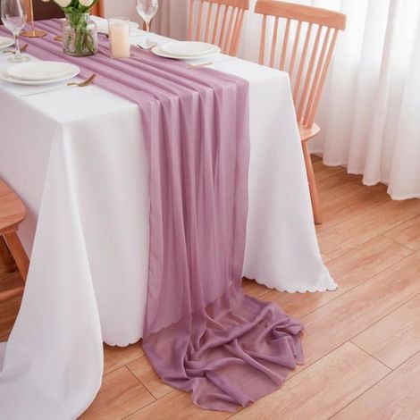1 Chemin de table, mousseline de soie, rose antique, bords non cousus, 300x70 cm, décoration mariage et fête (1/5)