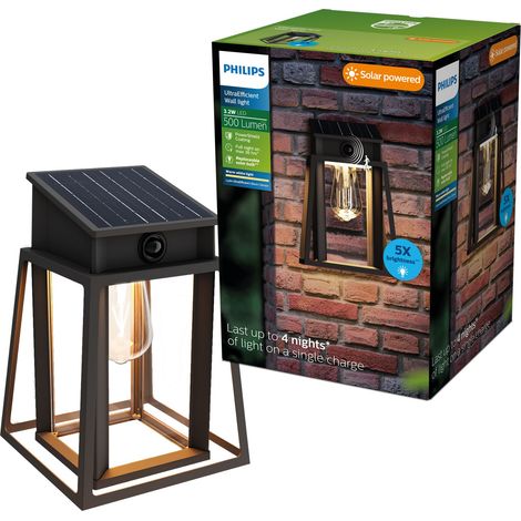 Philips Aplique solar exterior cuadrado LYSIN SQ, tipo linterna, con sensor de movimiento, con bombilla solar reemplazable negro, 2700K (1/5)