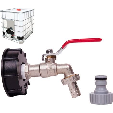 Lot de 3 robinets de réservoir 1000L pour récupération d'eau de pluie, adaptateurs IBC 1/2 à double robinet en PP filetage gros 60mm. (1/3)