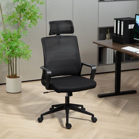 Sedia da Ufficio Ergonomica con Poggiatesta e Altezza Regolabili, Funzione Dondolo e Ruote, Nero (1/5)