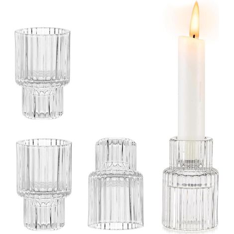 4 Pièces Bougeoir en Verre Transparent - Bougeoirs Photophore Bougie Photophore à Rayures Verticales, Bougeoir Transparent pour Maison et Fêtes (1/5)