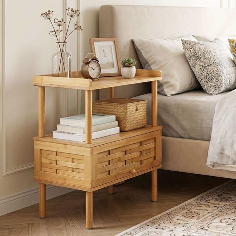 Table de chevet en bambou naturel avec espace de rangement, plateau à rebord pour chambre et salon (1/5)