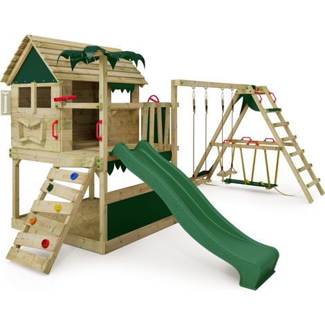 FATMOOSE Tour de jeux Portique d'escalade TikaTaka avec toboggan & SurfSwing, tour d'escalade avec bac à sable, Échelle & accessoires de jeu - vert